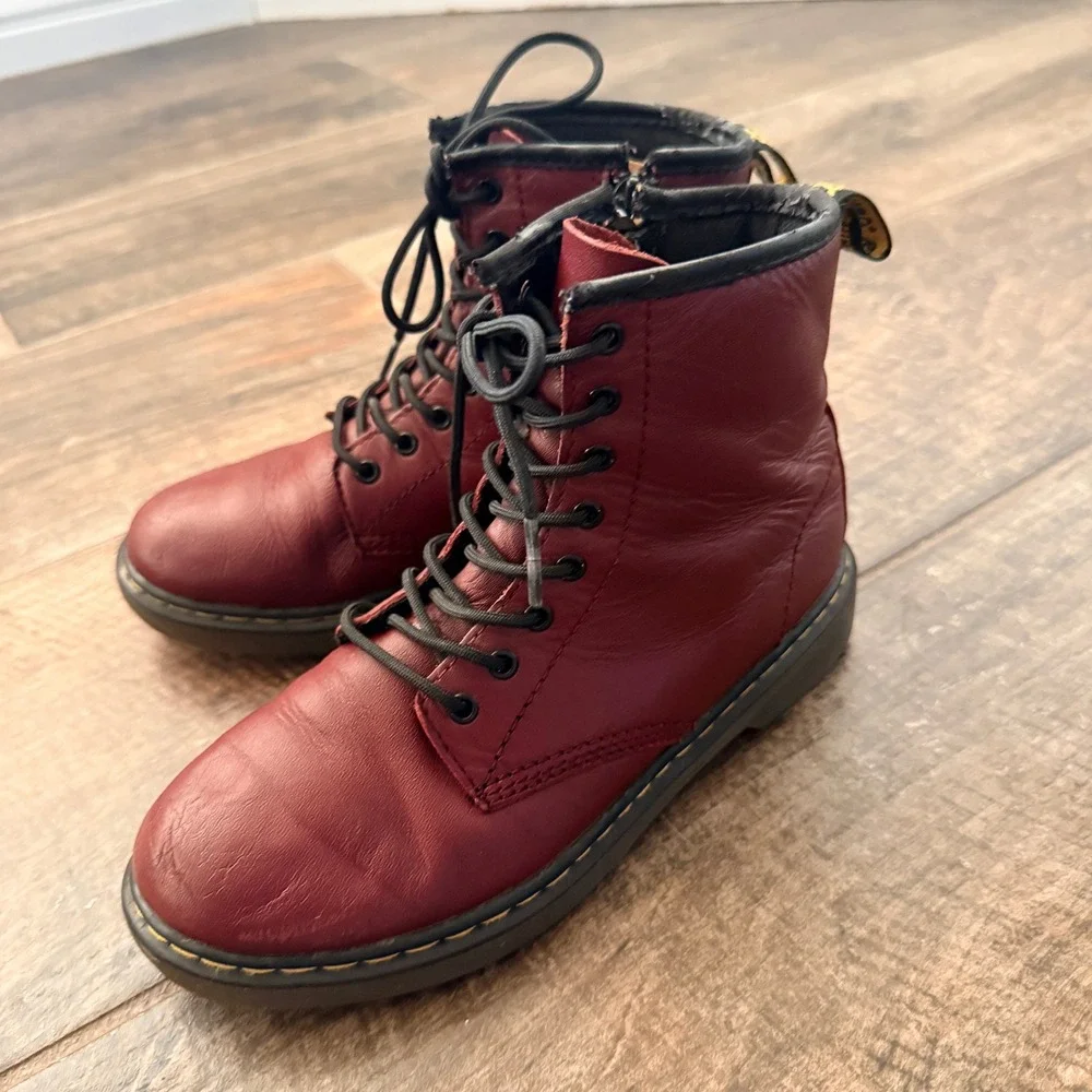 Dr. Martens Kids Delaney Side Zip Leather Combat Boots, Cherry Red, 3